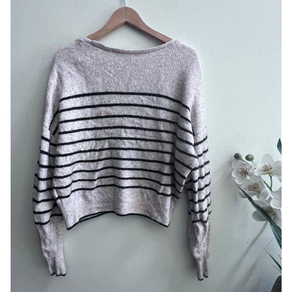 Madewell Merino Wool Blend V-Neck Cream Pullover Sweater Chic Green Striped Lg - Picture 3 of 7